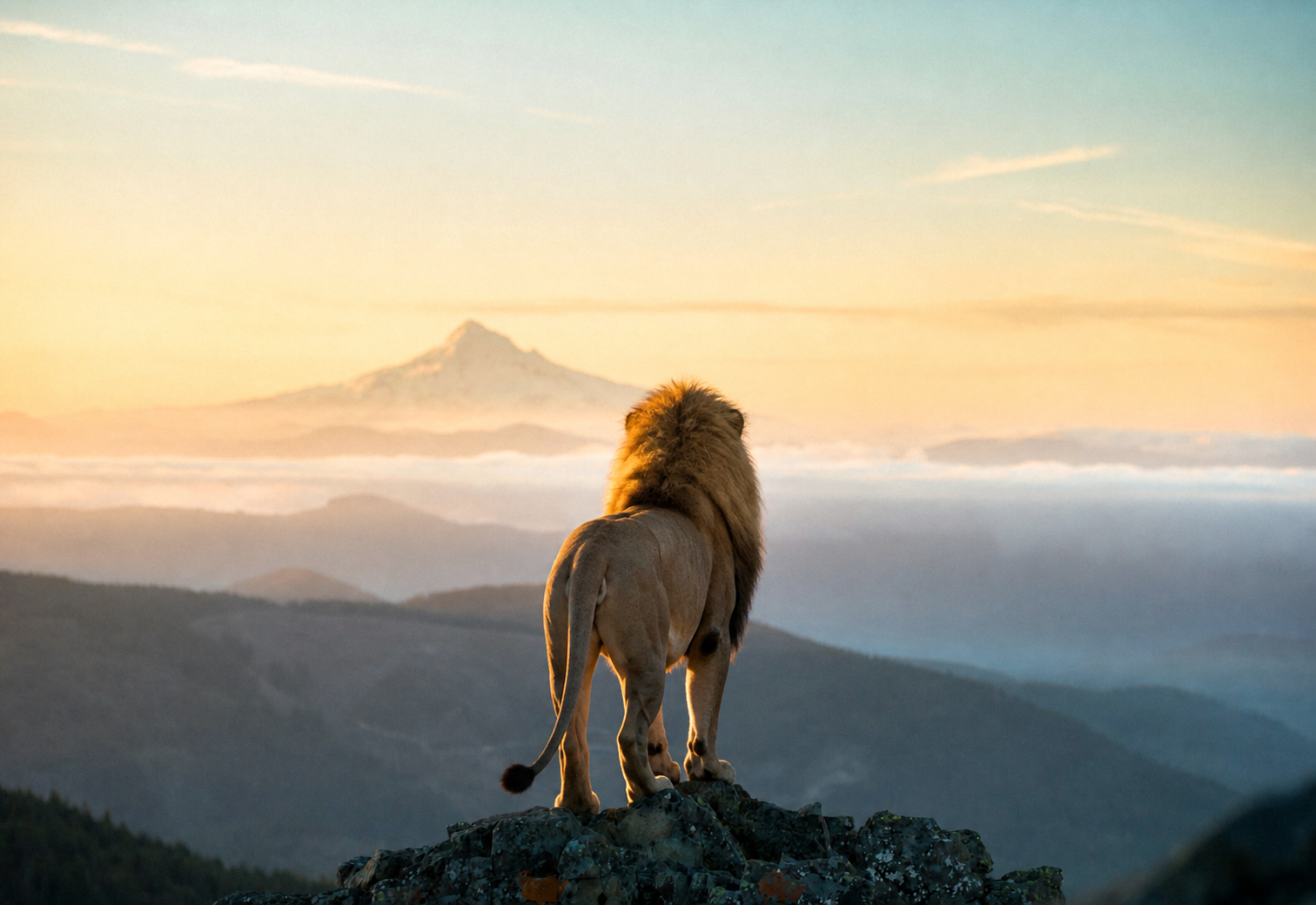 León contemplando el horizonte al amanecer